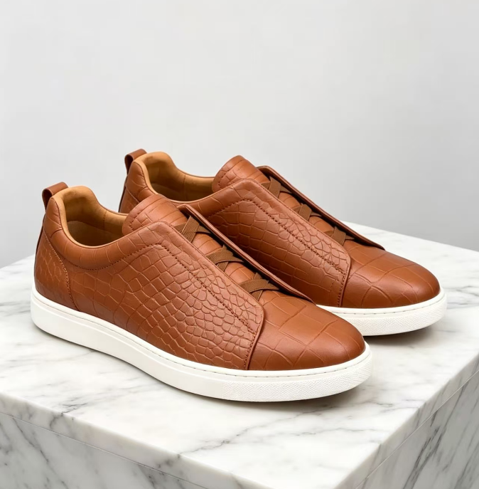 Handcrafted Brown Leather Low-Top Sneakers