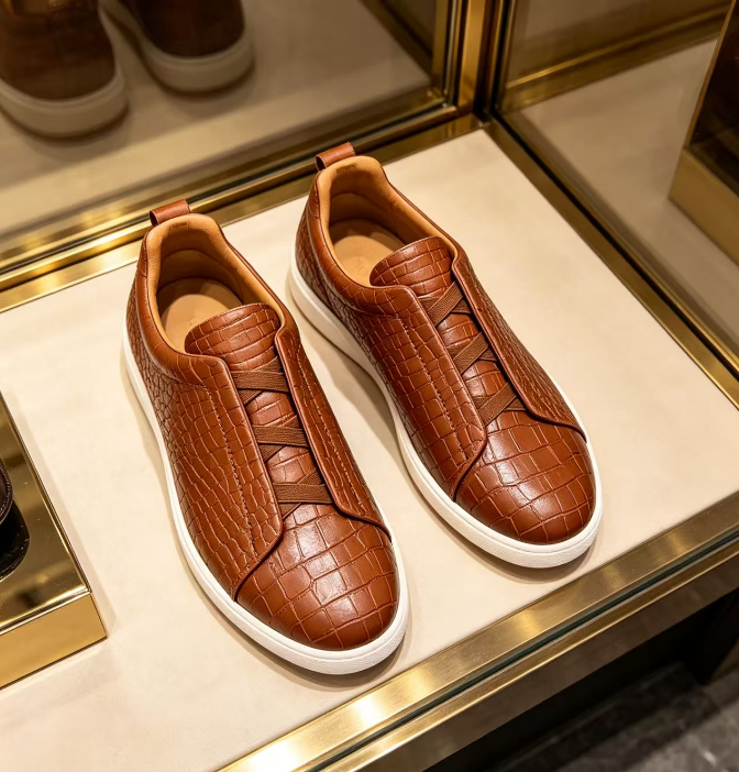 Handcrafted Brown Leather Low-Top Sneakers