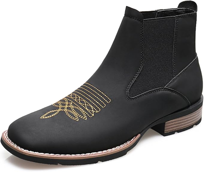Western Cowboy Boots for Men - Mens Square Toe Chelsea Boots Ankle Cowboy Boots for Men Casual Retro Stylish Boots