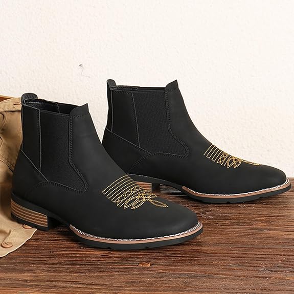 Western Cowboy Boots for Men - Mens Square Toe Chelsea Boots Ankle Cowboy Boots for Men Casual Retro Stylish Boots