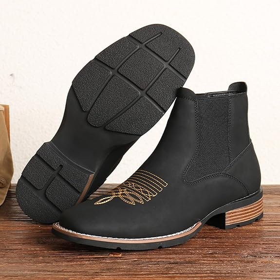Western Cowboy Boots for Men - Mens Square Toe Chelsea Boots Ankle Cowboy Boots for Men Casual Retro Stylish Boots