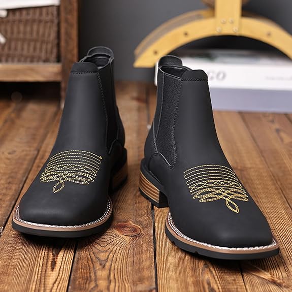 Western Cowboy Boots for Men - Mens Square Toe Chelsea Boots Ankle Cowboy Boots for Men Casual Retro Stylish Boots